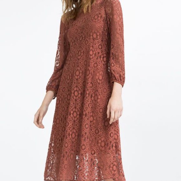 NWT $70 ZARA Women S Terracotta Lace Overlay Cami Midi Dress Bohemian Elegant - Picture 5 of 13